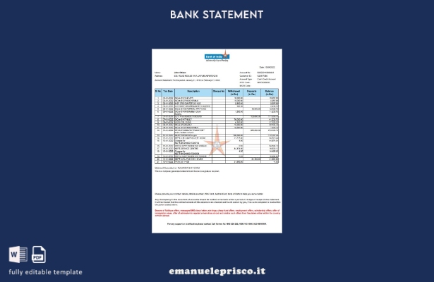 modello word di estratto conto bancario della Banca dell'India in stile verifica